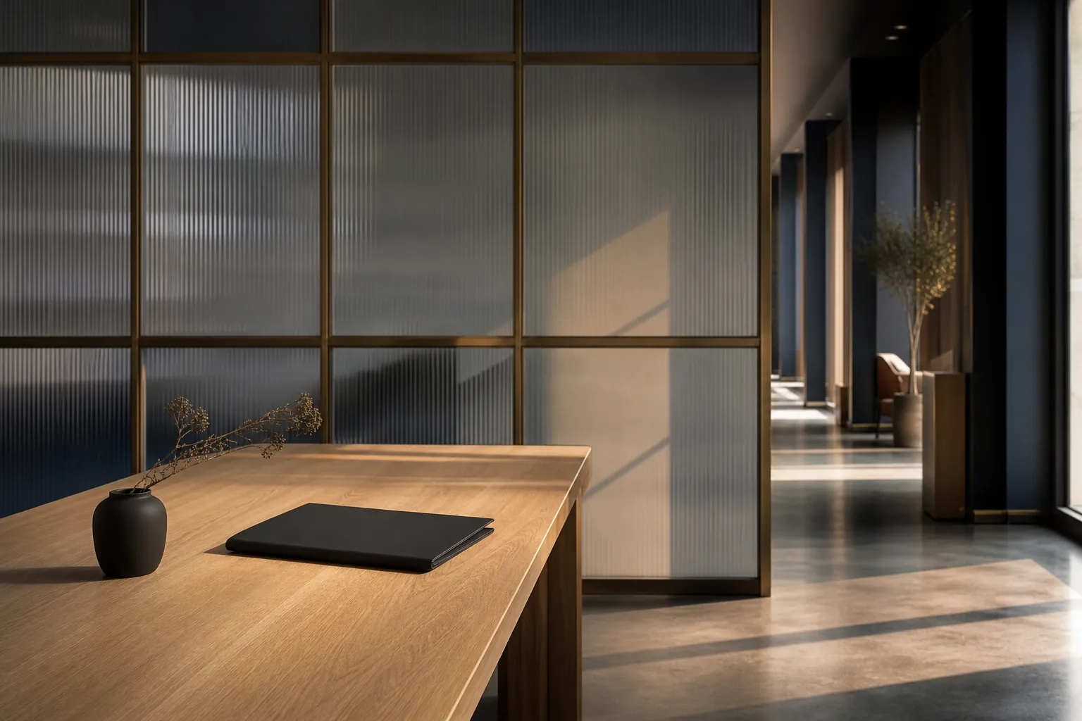 A calm sunlit modern executive workspace with a long brushed-oak meeting table, a single matte-black document folder, and full-height reeded glass partitions in the background.