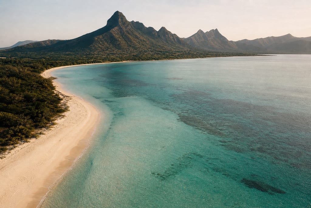 Editorial aerial view of a quiet Mauritius West-coast lagoon at calm morning light. A curving sand beach meets clear turquoise water, with dark volcanic mountains rising in the distance. No people, no buildings, no boats.